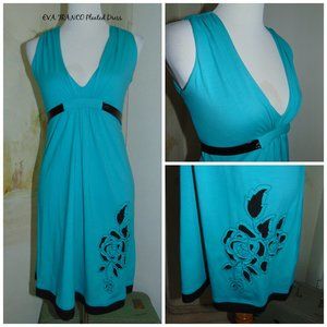 Eva Franco blue green floral V-Neck empire dress w/ black belt & pleated size 4